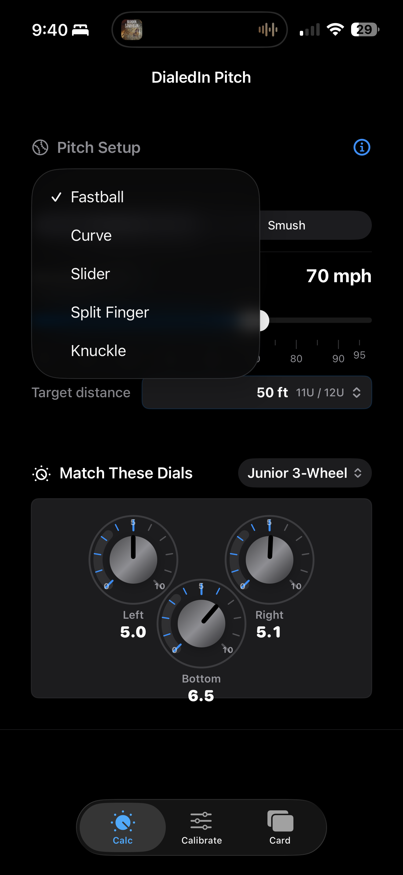 DialedIn Pitch pitch type menu