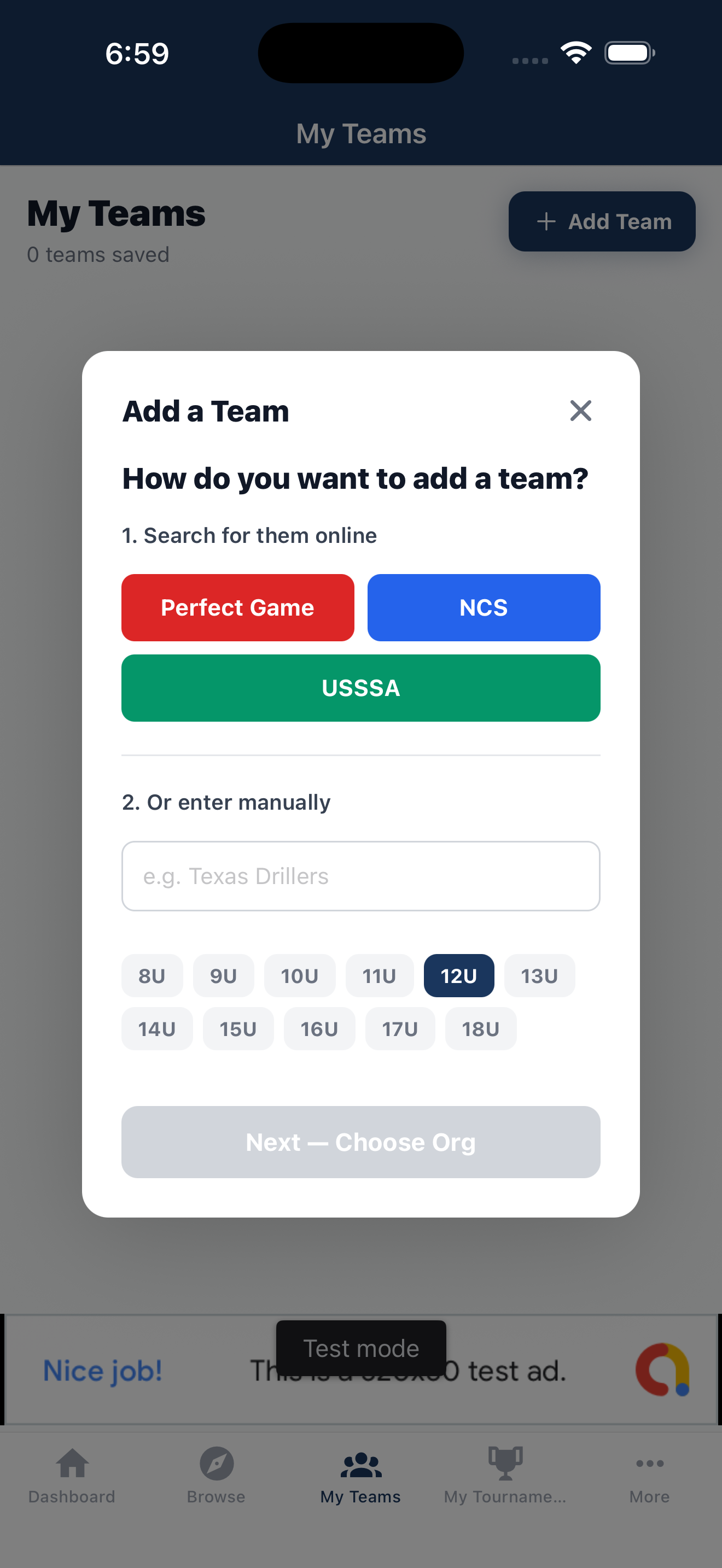 Tourney Bookmarks add team screen
