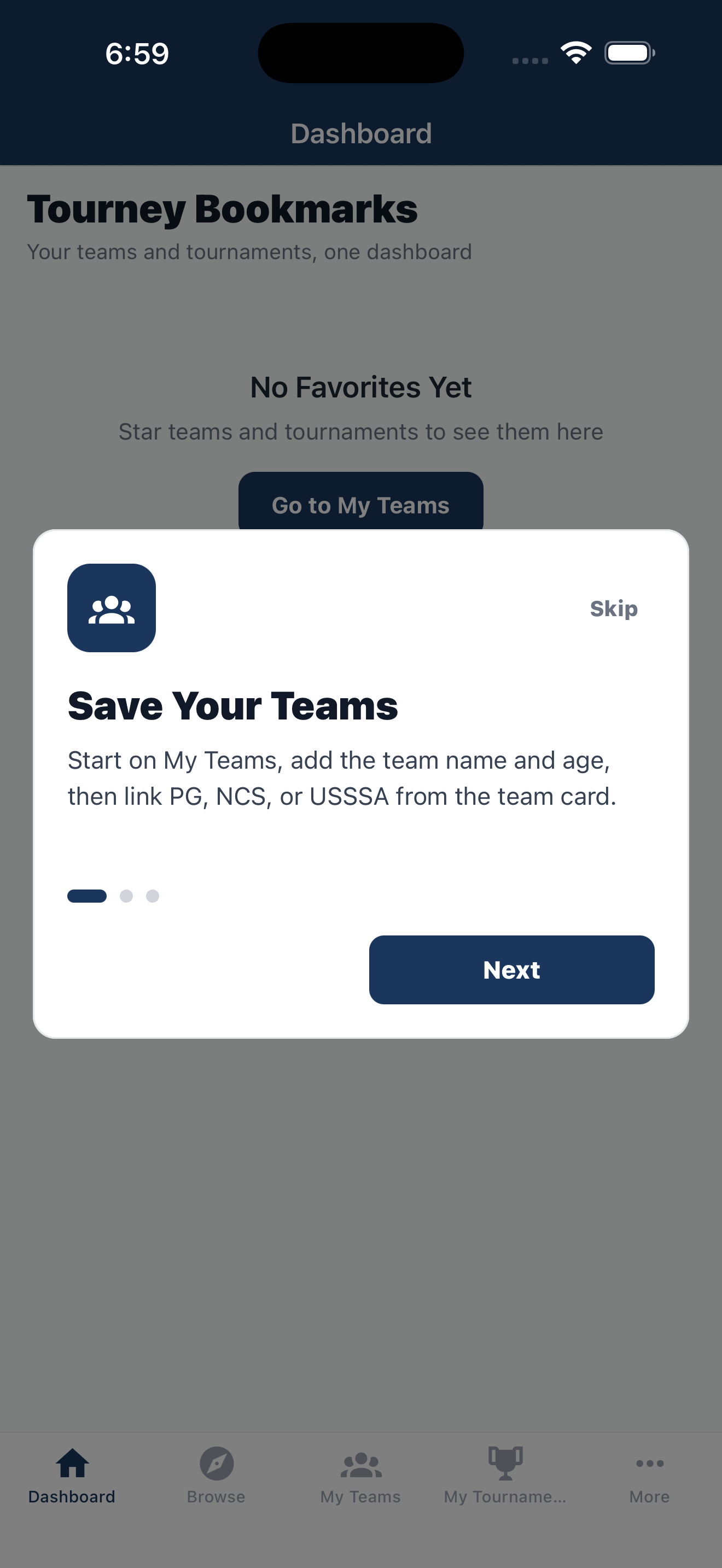 Tourney Bookmarks save teams onboarding
