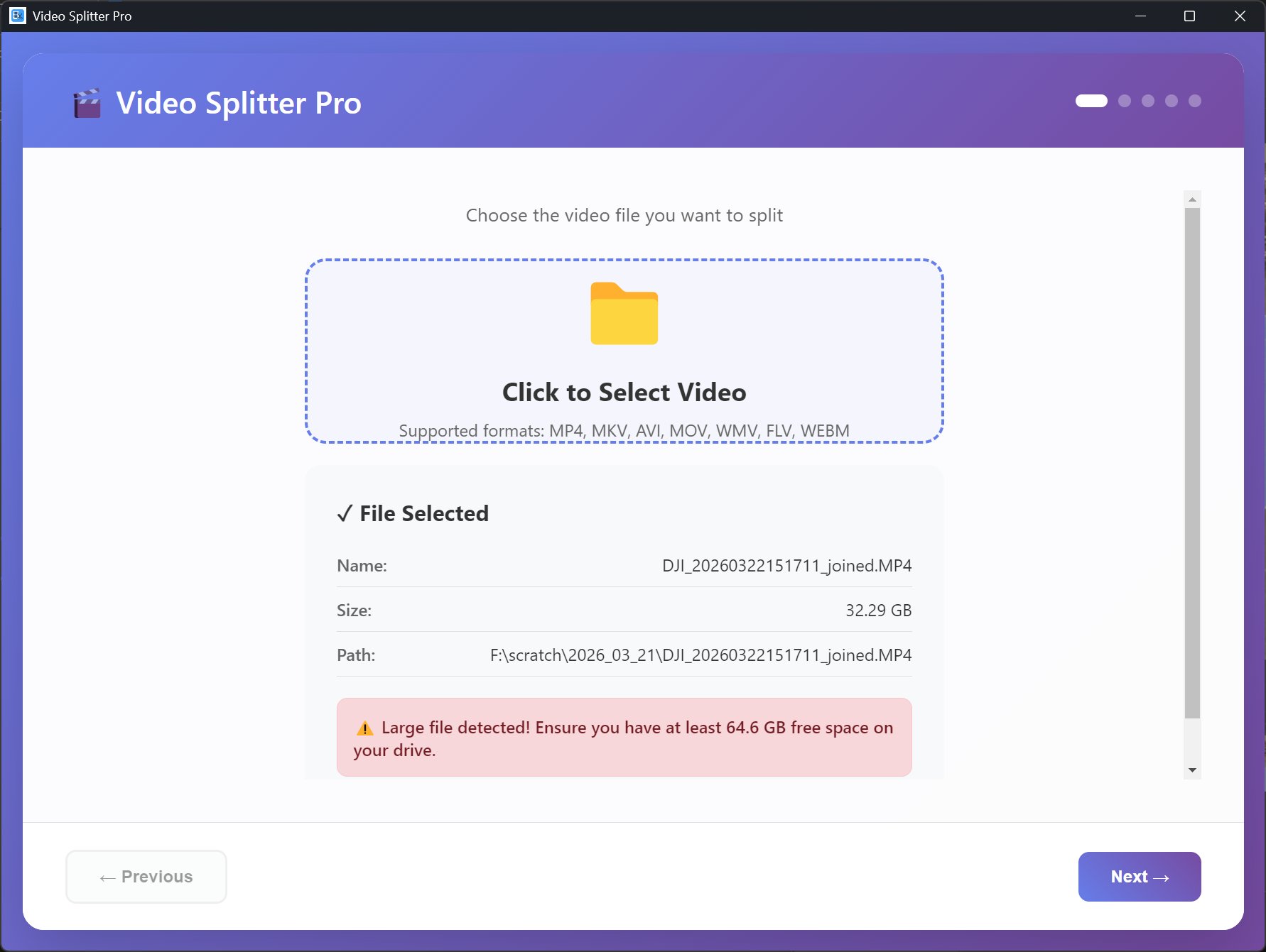 Video Splitter file selection
